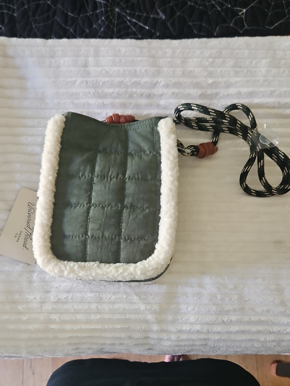 Quilted Green Crossbody Bag with Sherpa Trim